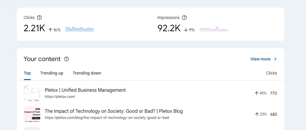 Pletox top-performing pages in Google Search Console by clicks and impressions