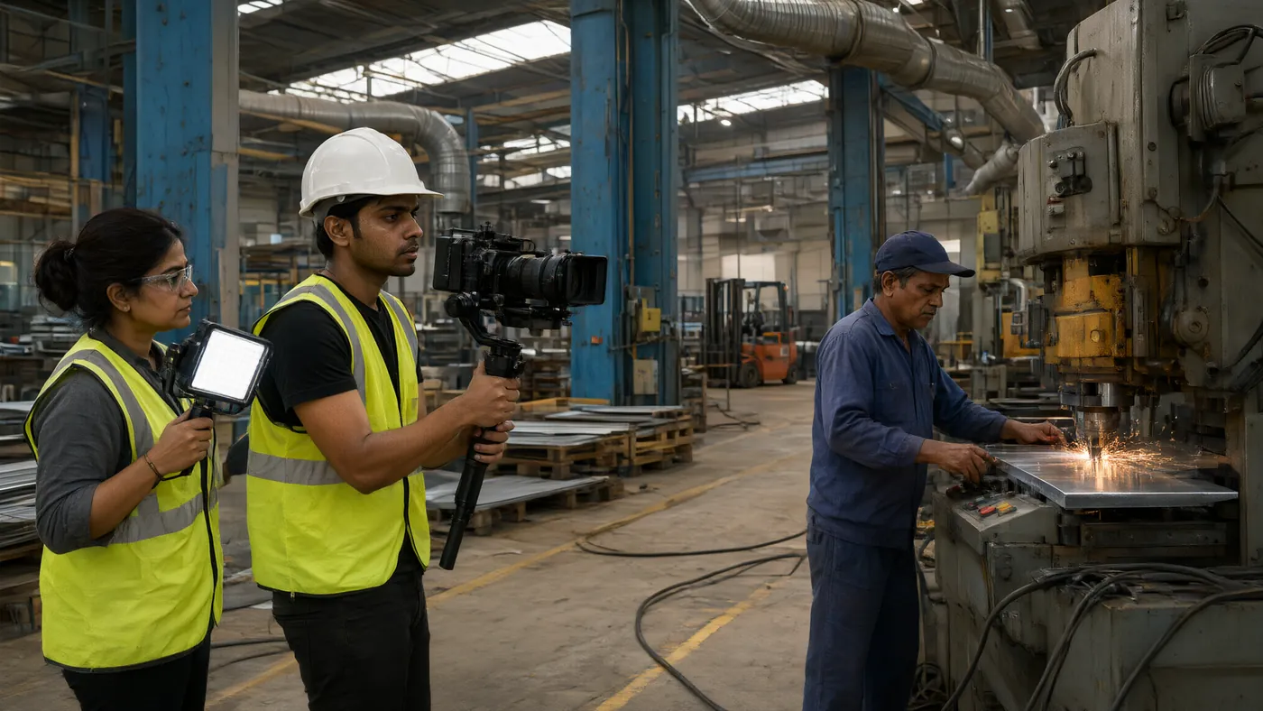 Our crew filming a running machine — helmets, vests, the line keeps running
