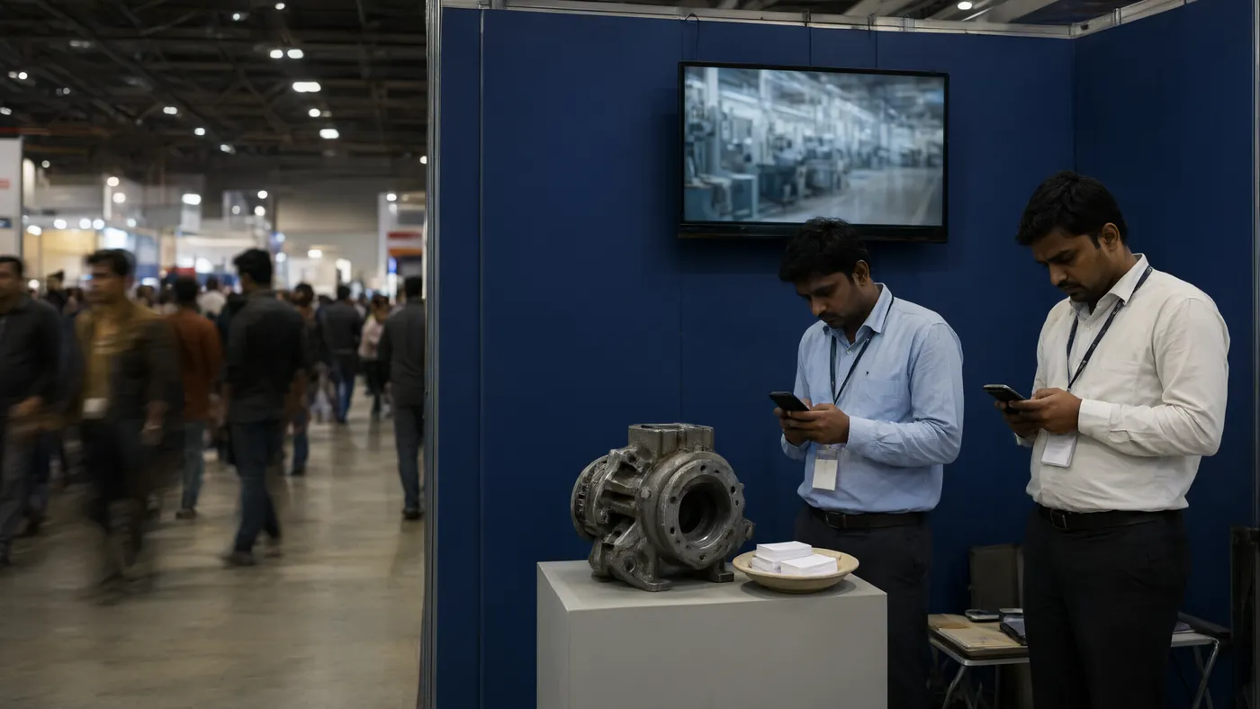 A trade-fair stall with a slideshow on the TV