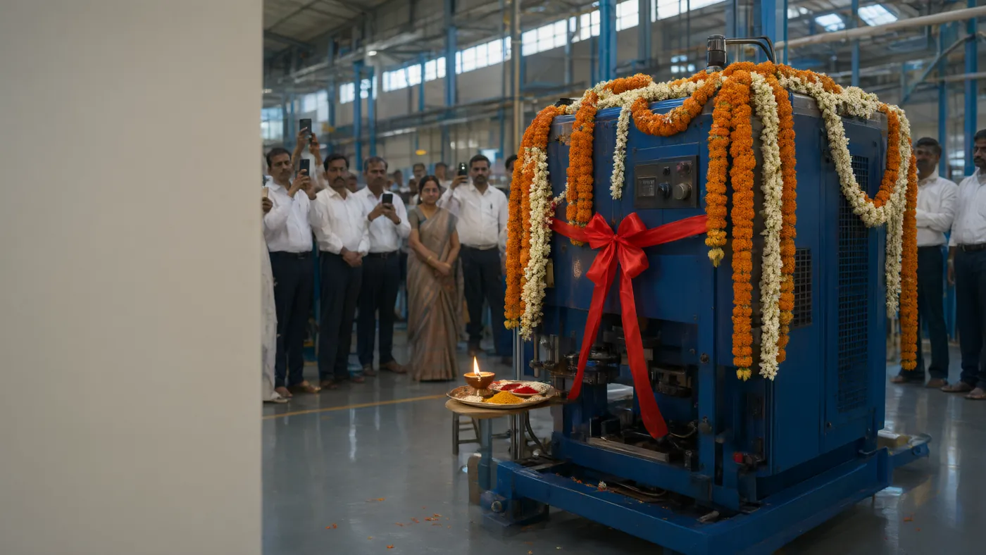 Inauguration morning — the new machine, garlanded