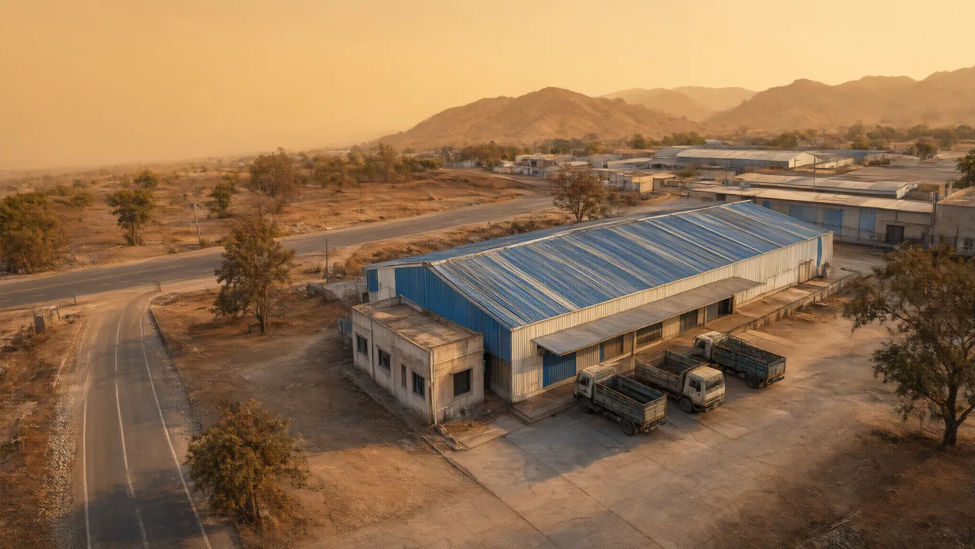 A factory shed in an industrial estate at golden hour