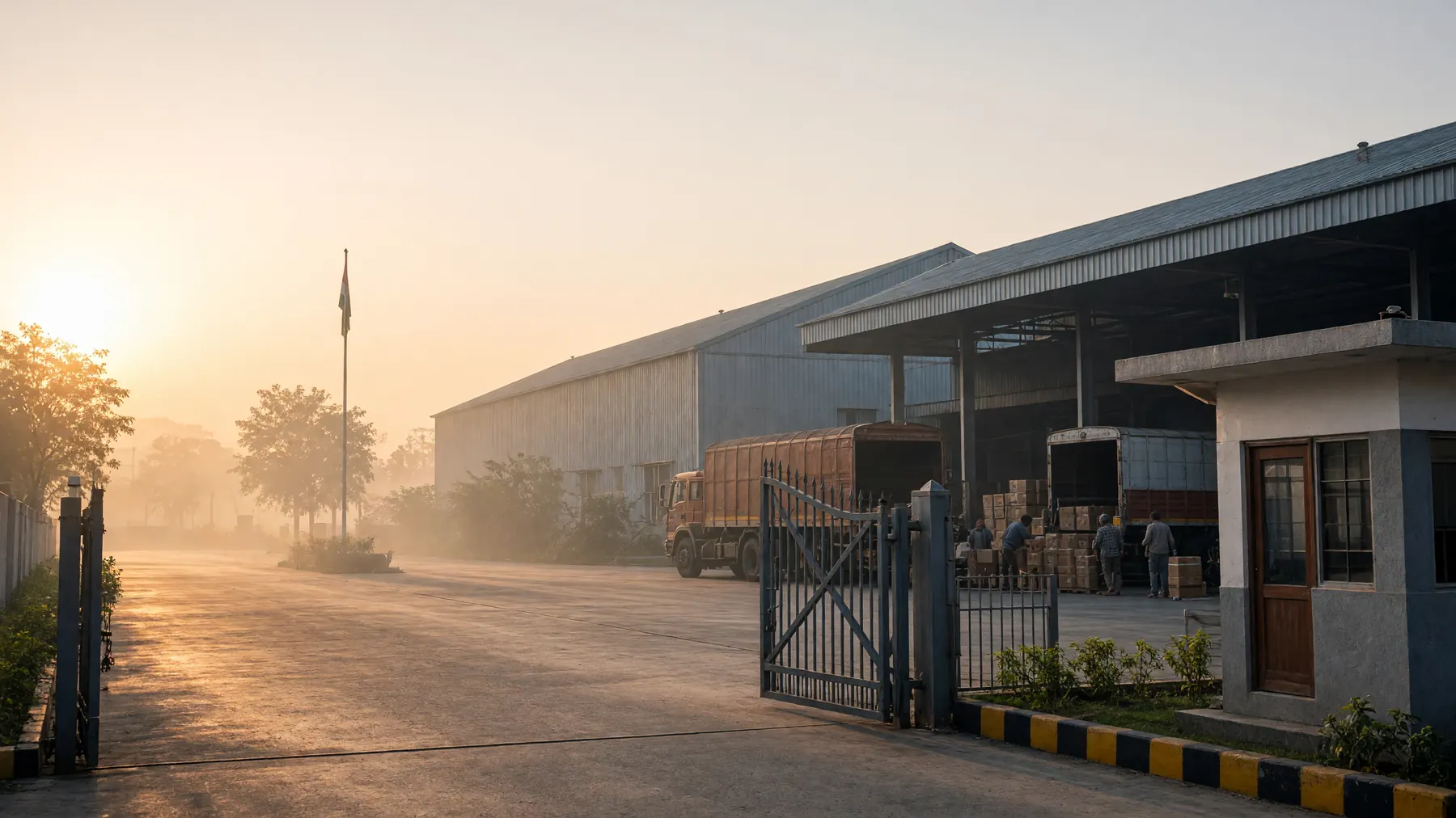 A manufacturing plant at dawn