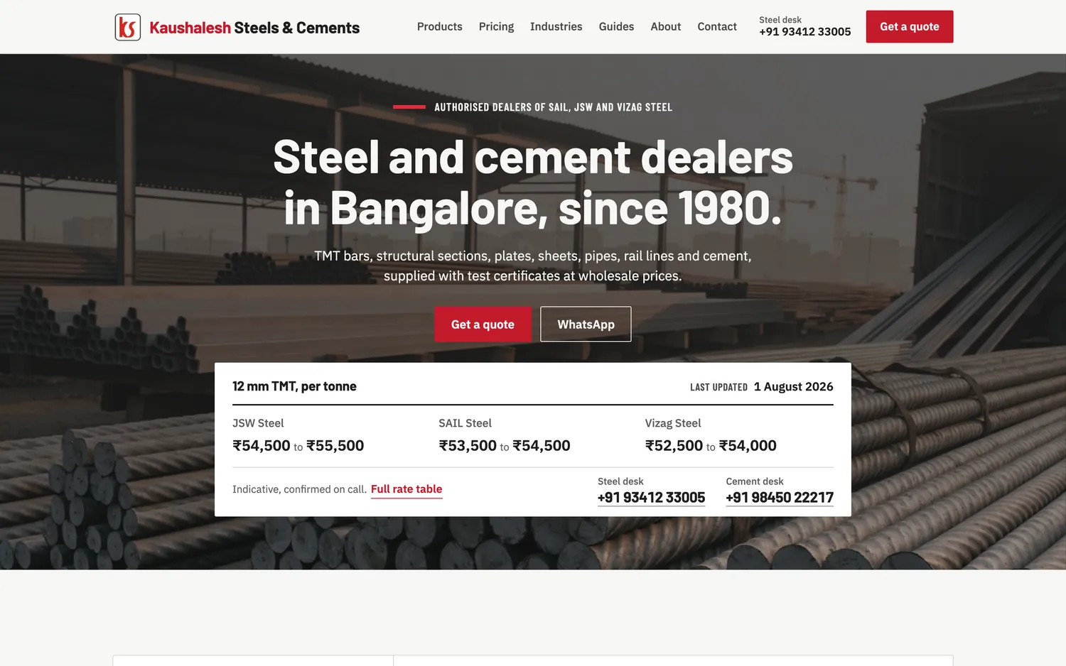 Kaushalesh Steels & Cements website, built by DESENO, desktop view
