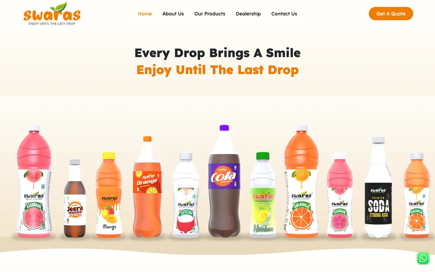 Swaras Beverages website, built by DESENO, desktop view