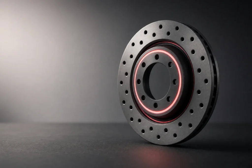 A machined brake disc on edge with its inner ring glowing coral pink.