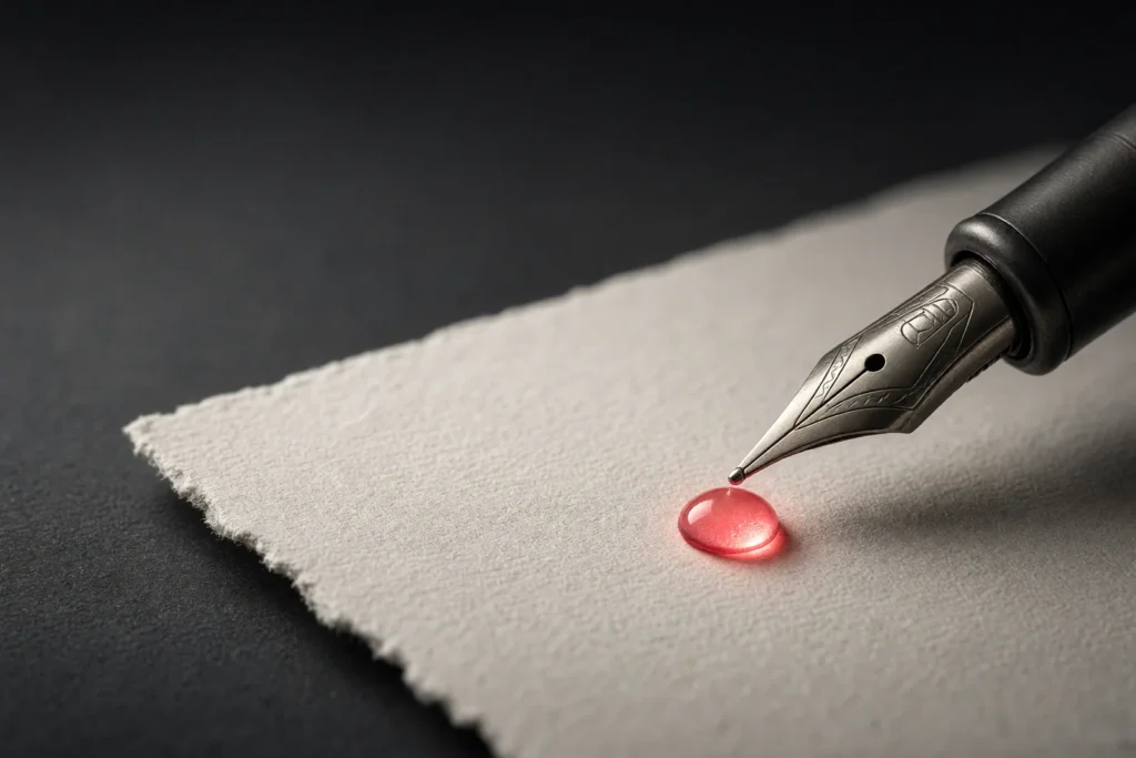 A fountain pen nib on a blank letter with a glowing coral ink drop.