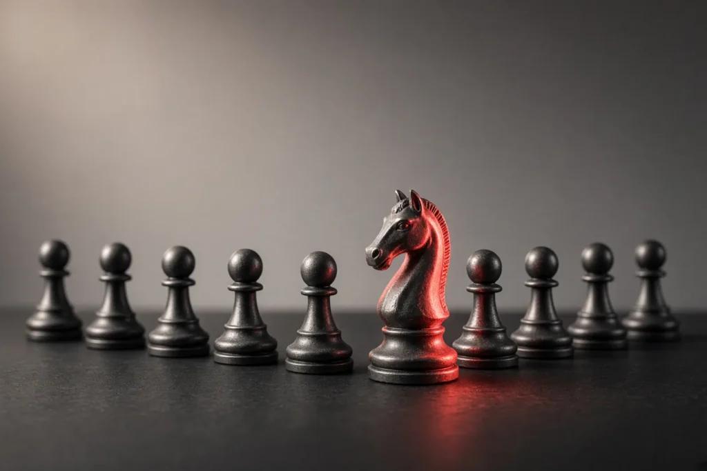 Dark metal pawns with one knight glowing coral pink.