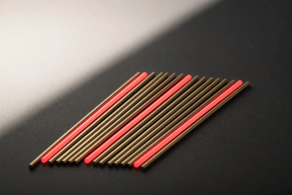 A fan of thin brass rods with three glowing coral pink.