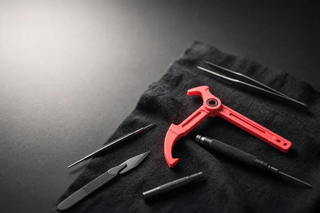 Precision hand tools on a dark cloth, one glowing coral pink.