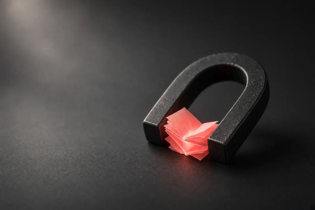 A horseshoe magnet holding a small glowing coral document.