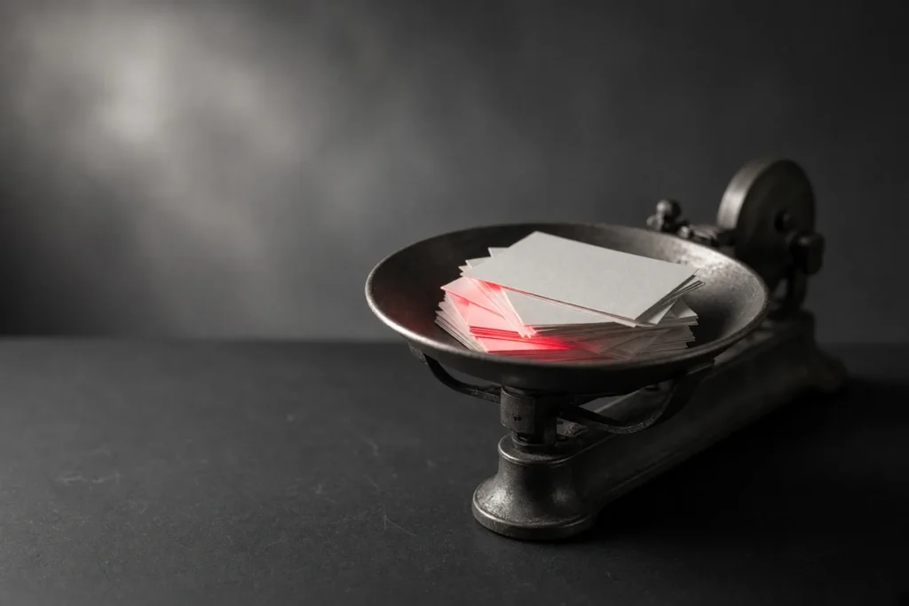 A scale holding blank business cards, one card glowing coral pink.