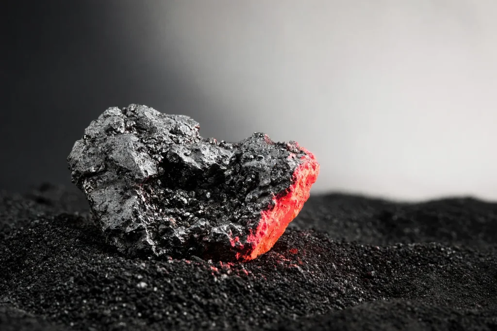 A raw metal casting on dark sand with a glowing coral edge.