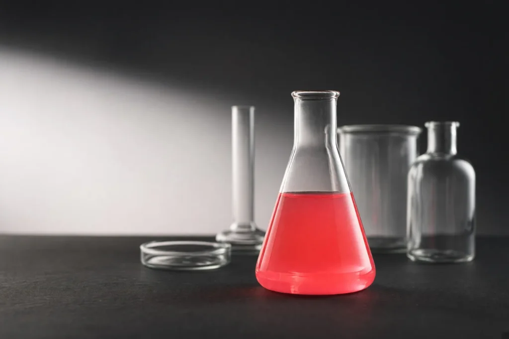 A laboratory flask of glowing coral liquid among clear glassware.