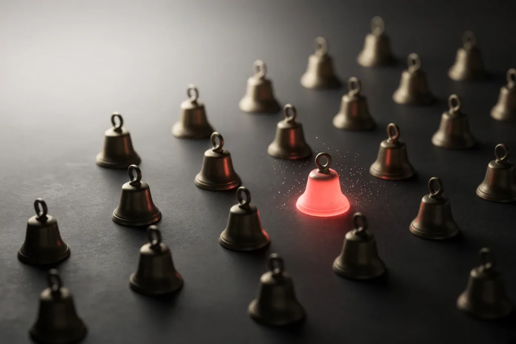 Small brass bells on a dark surface, one glowing coral pink.