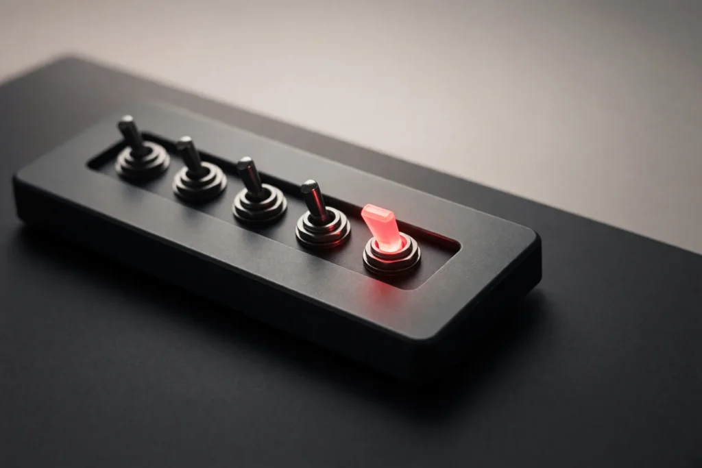 A panel of dark toggle switches with one glowing coral pink.