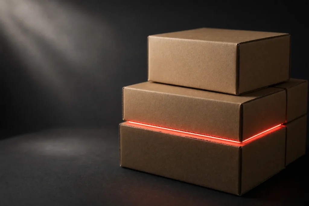 A stack of corrugated boxes with one edge glowing coral pink.
