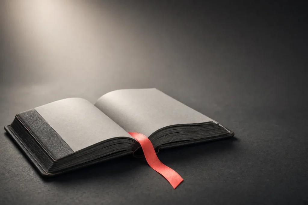 An open ledger with a glowing coral bookmark ribbon.