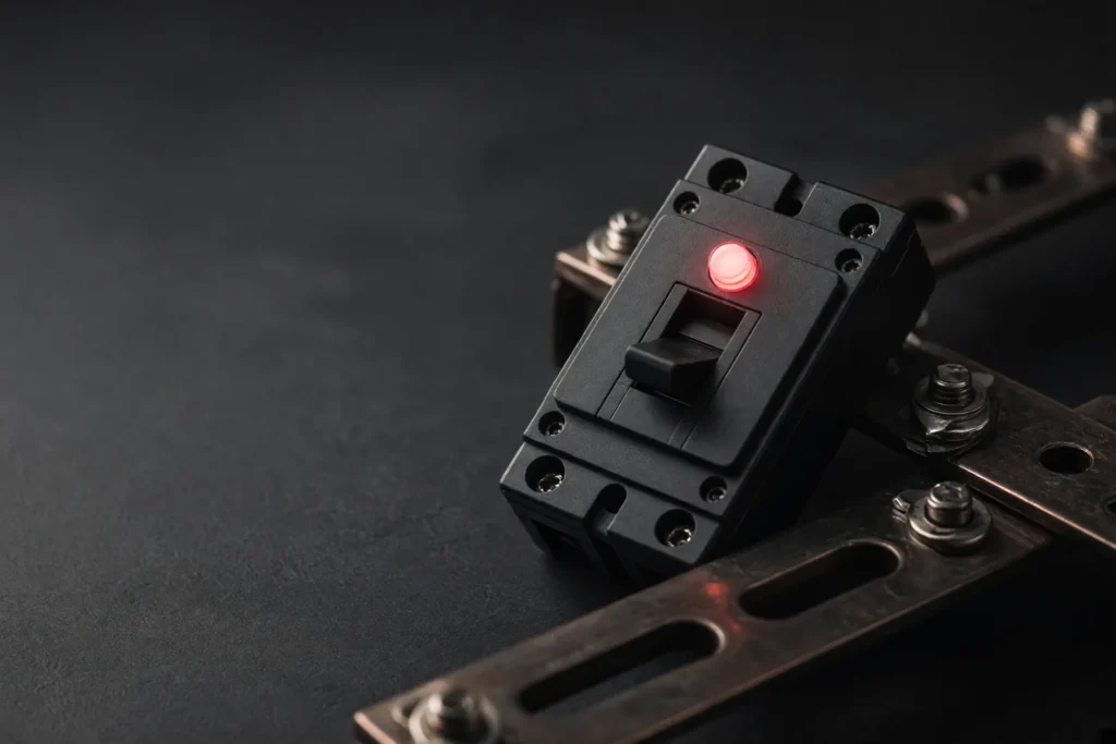 An industrial circuit breaker with a glowing coral indicator.