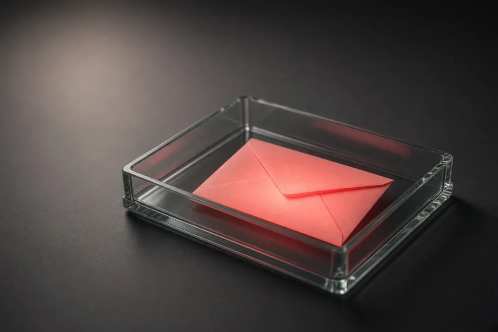 A glass tray with a single glowing coral envelope inside.