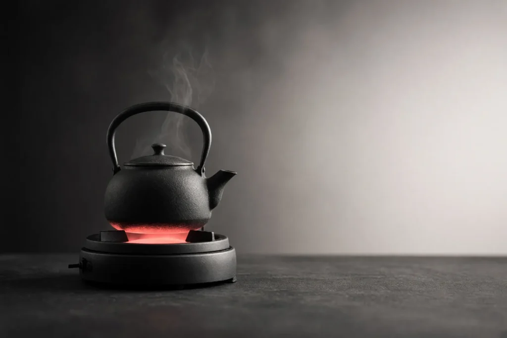 An iron kettle on a dark stove with a soft coral glow beneath.