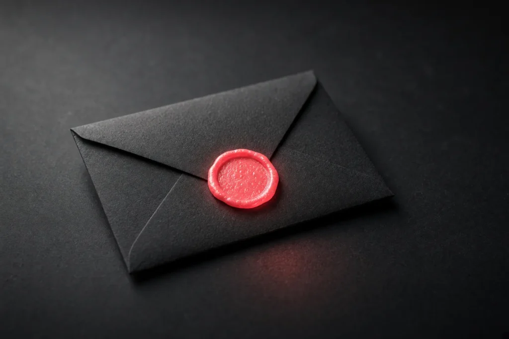 An envelope on a dark surface with a glowing coral seal.