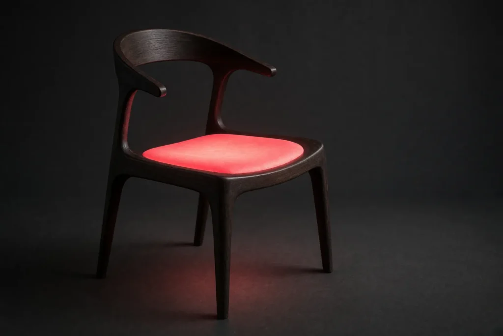 A wooden chair frame on a dark floor, its seat glowing coral pink.