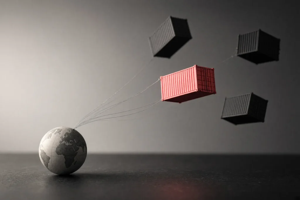 A globe with threads to floating cargo containers, one lit in coral pink.