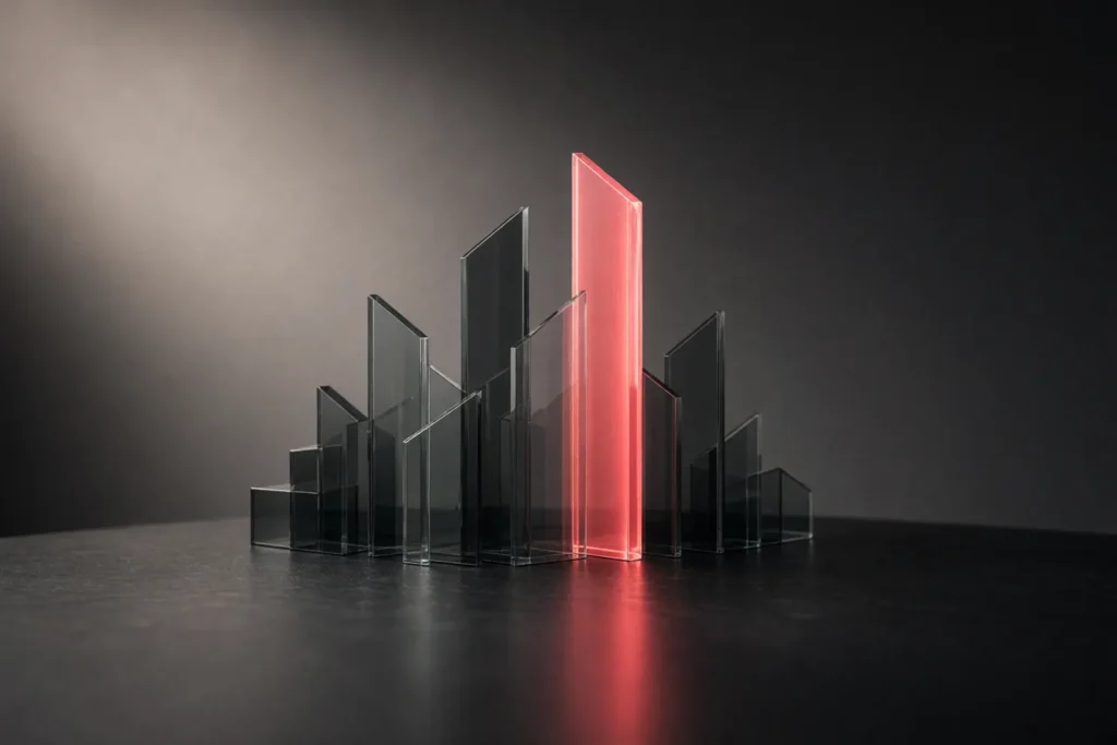 A glass skyline reflected on a dark surface, one tower lit coral pink.