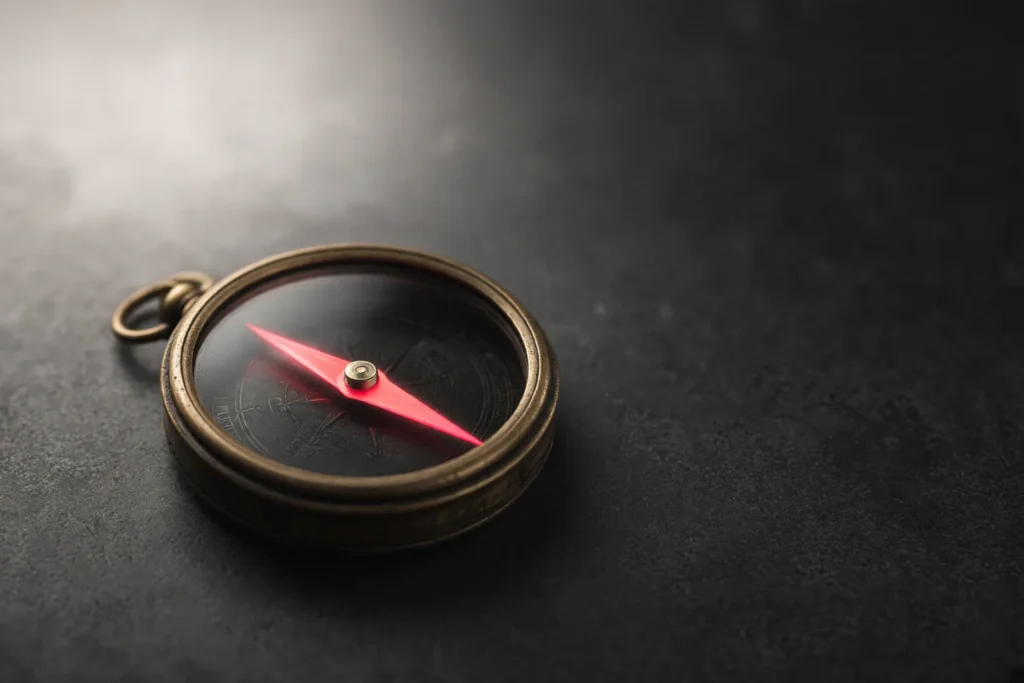 A brass compass on a dark surface, its needle glowing coral pink.