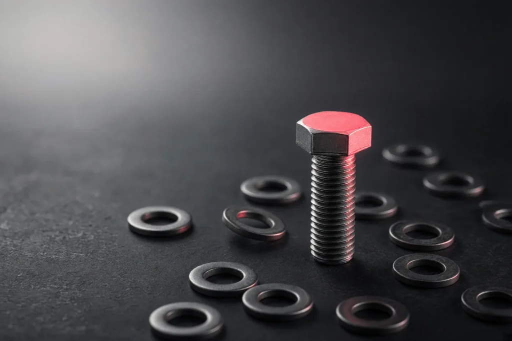 A steel bolt standing upright among washers, its head glowing coral pink.