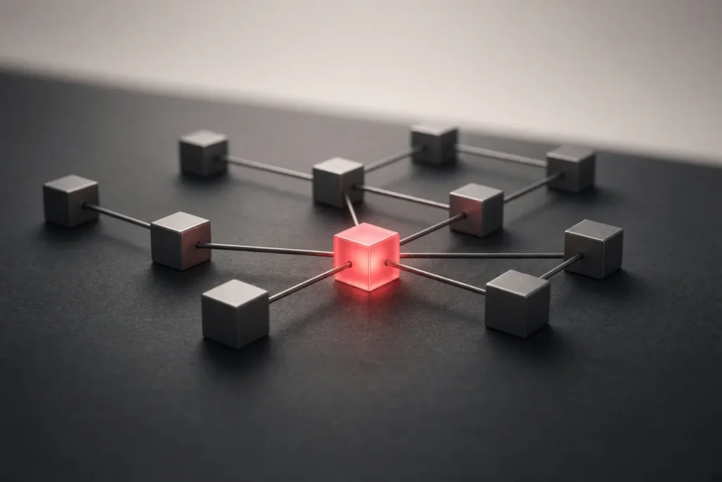 Small metal cubes branching from one glowing central cube.