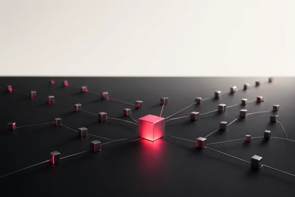 A network of small metal cubes linked to one glowing central cube.