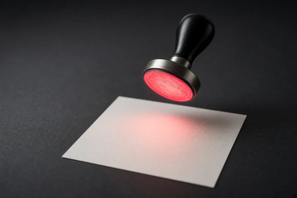 A rubber stamp above a blank document, its face glowing coral pink.