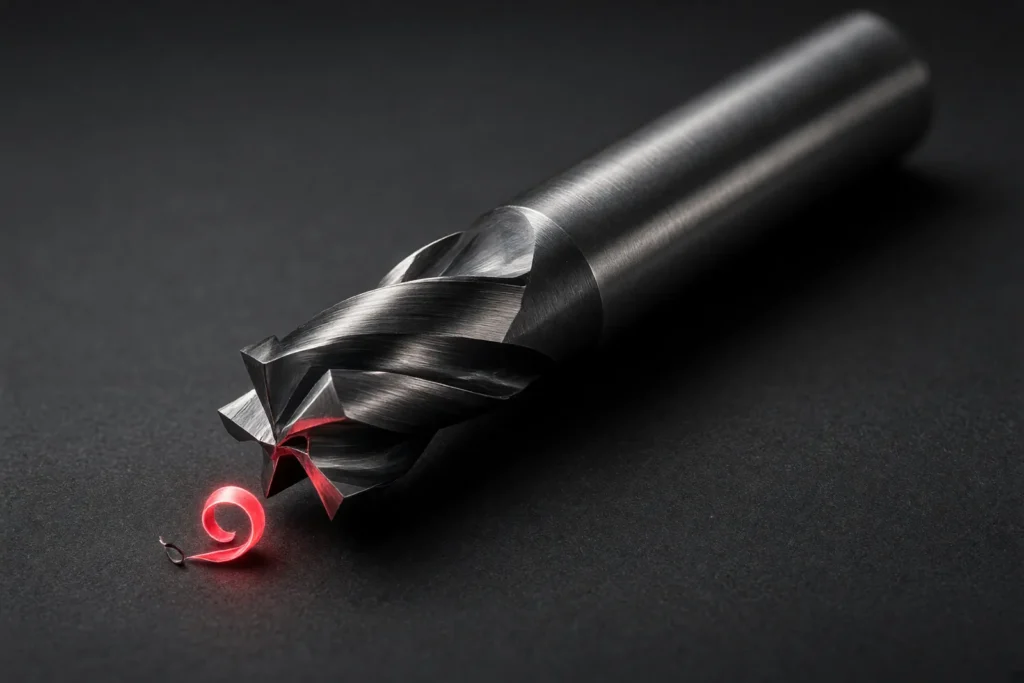 A CNC end mill in close-up with a glowing curl of metal swarf.