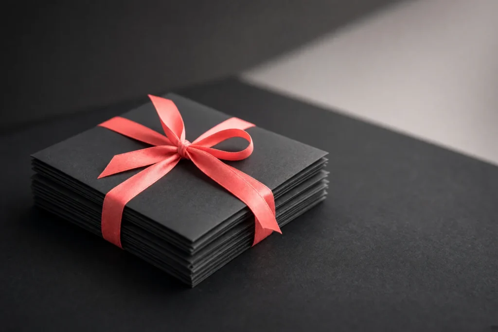 A stack of folders tied with a glowing coral ribbon.