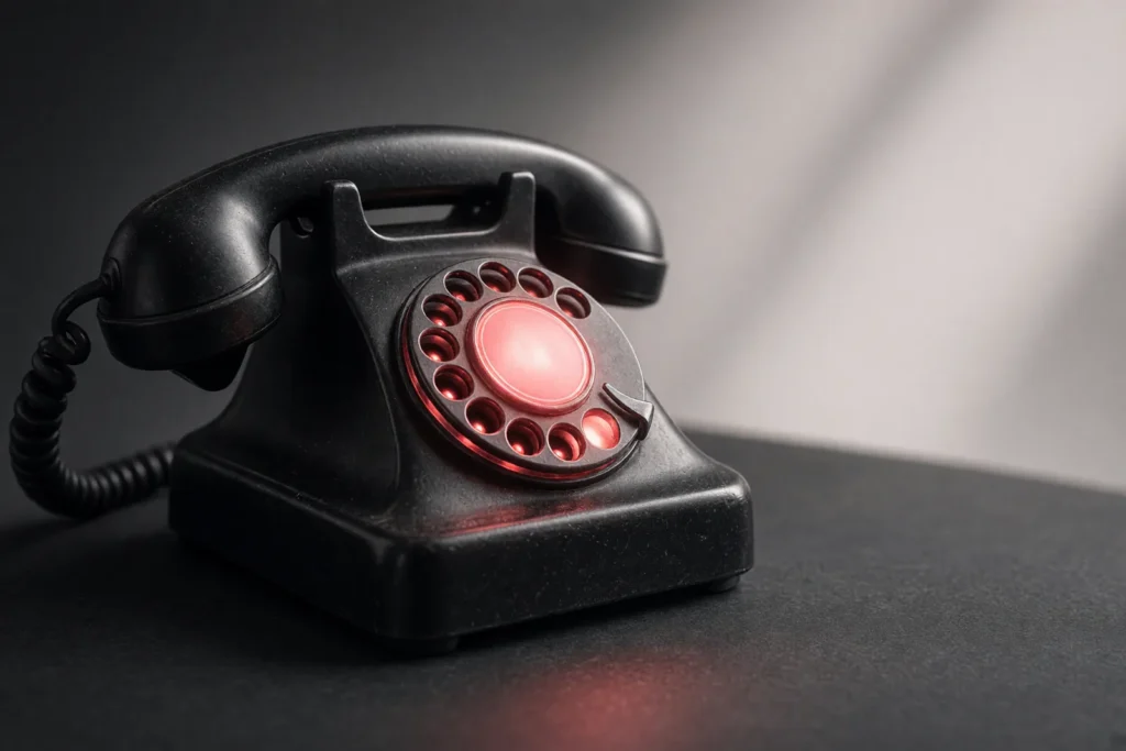 A vintage desk telephone with a glowing coral dial.