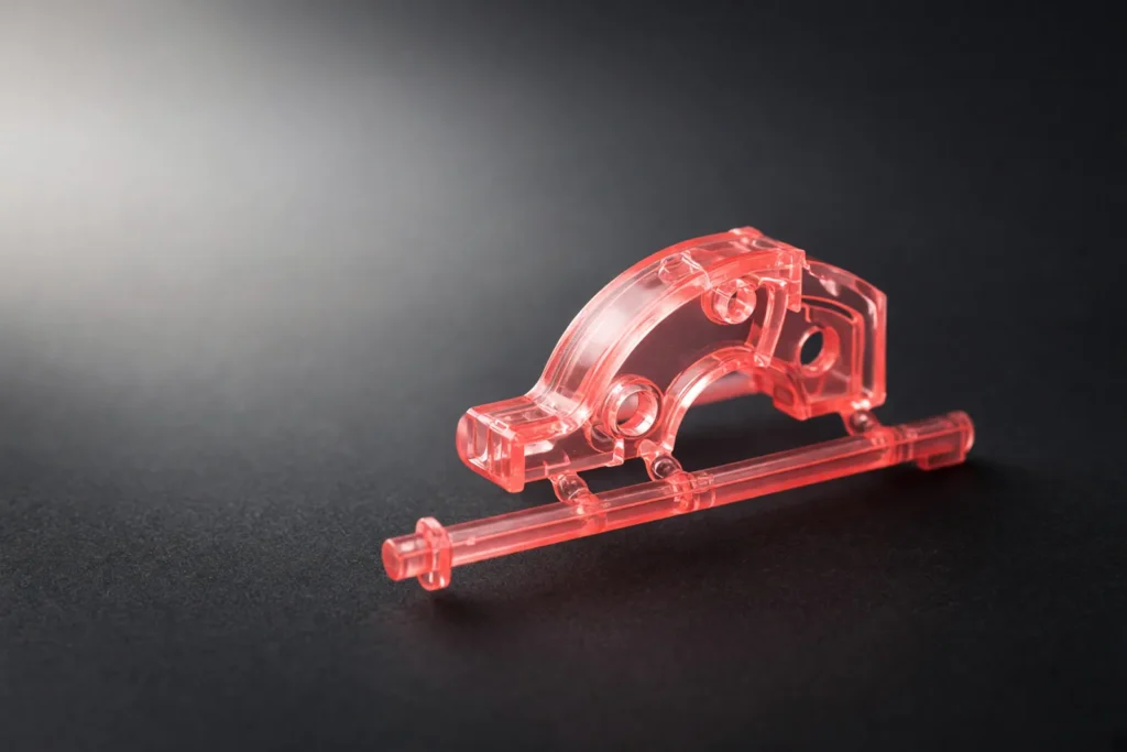 A translucent moulded part on its sprue, glowing coral pink.