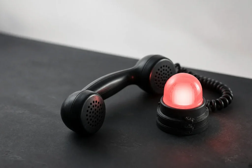 A telephone handset beside a glowing coral warning light.