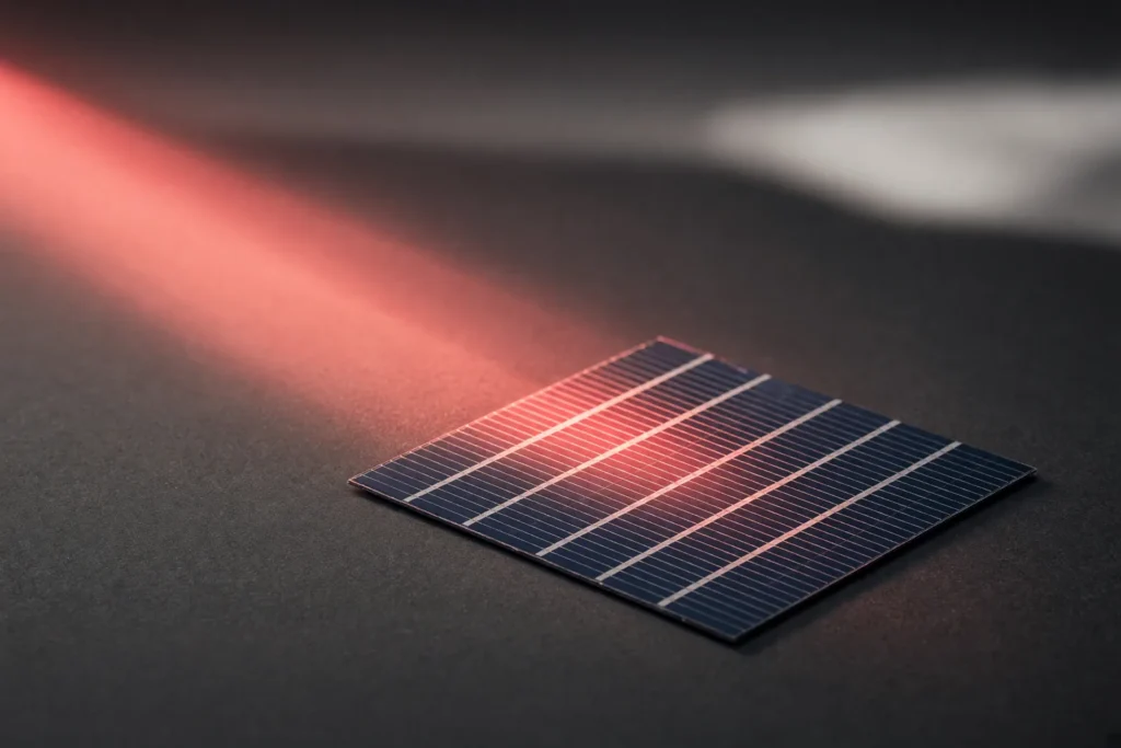 A photovoltaic cell catching a coral beam of light.