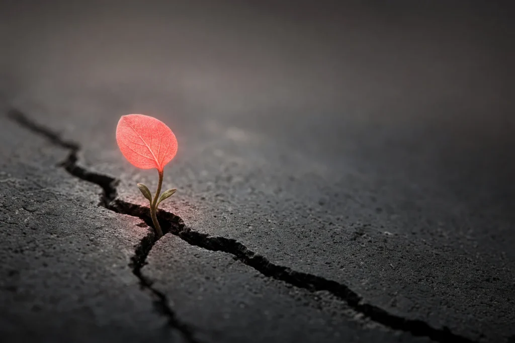 A seedling from a crack in dark concrete, its first leaf glowing coral.