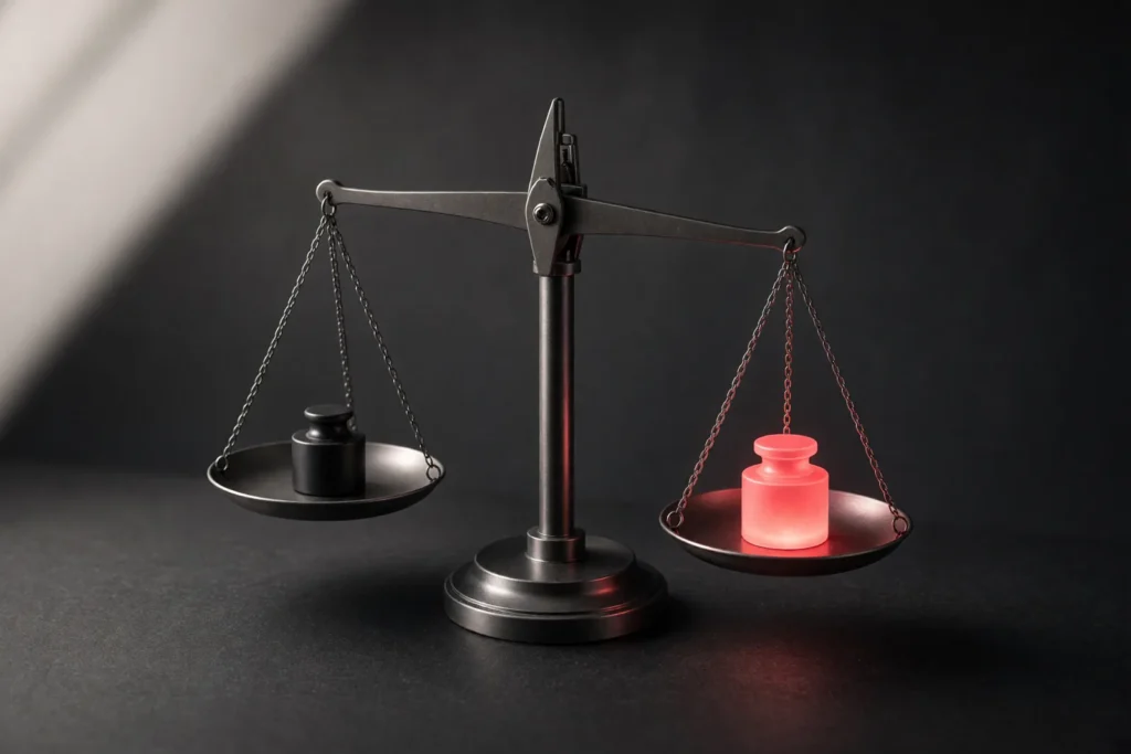 A precision balance scale with one weight glowing coral pink.