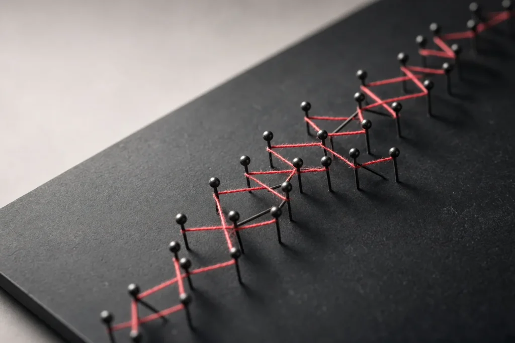 A coral thread running through a maze of pins on a dark board.