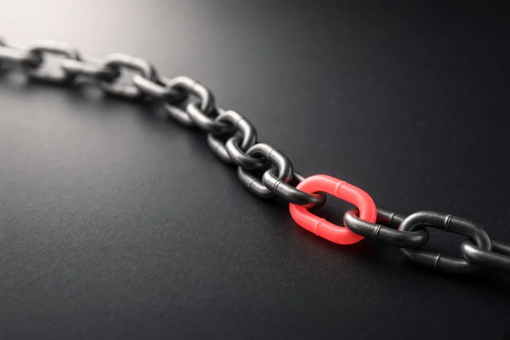 A chain of steel links with one link glowing coral pink.
