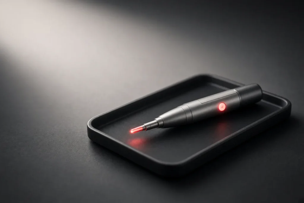 A sleek medical instrument with a glowing coral indicator light.