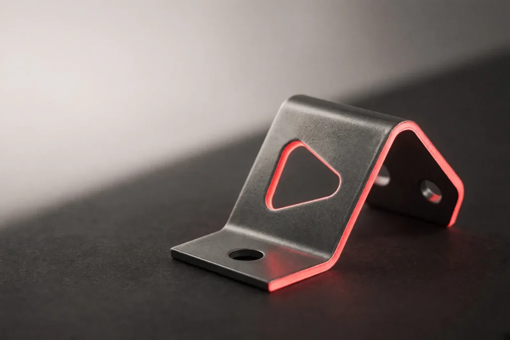 A folded sheet-metal bracket with a glowing laser-cut edge.