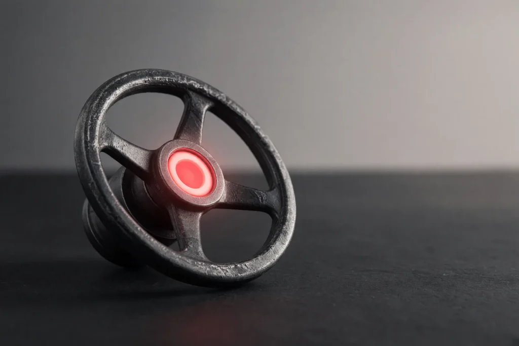 An industrial valve handwheel with a glowing coral hub.