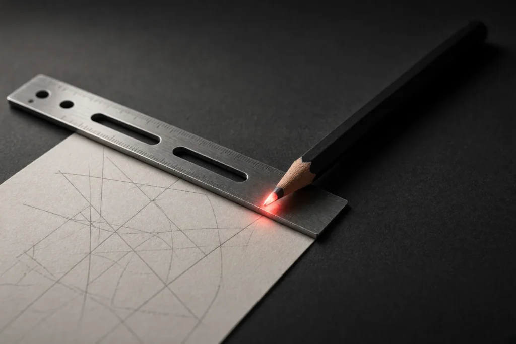 A technical drawing with a steel ruler and a glowing pencil tip.