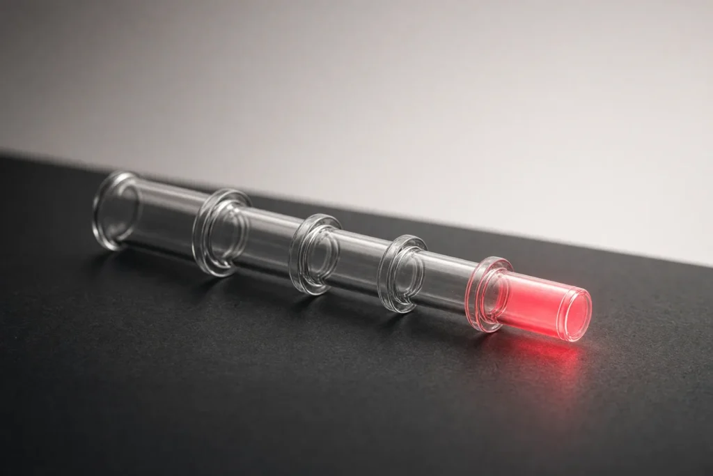 Glass pipe segments in a line, the last one glowing coral pink.