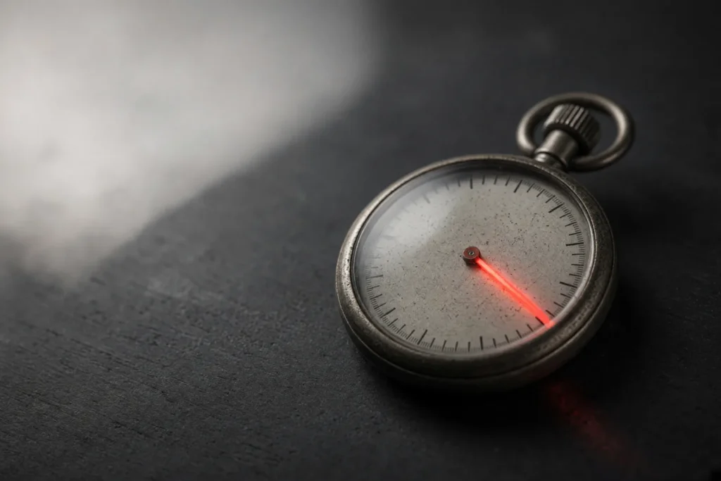 A stopwatch on a dark surface with its second hand glowing coral pink.