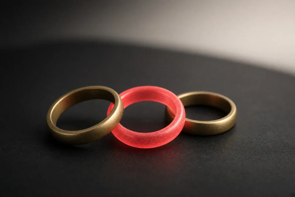 Three interlocking brass rings with the middle one glowing coral.